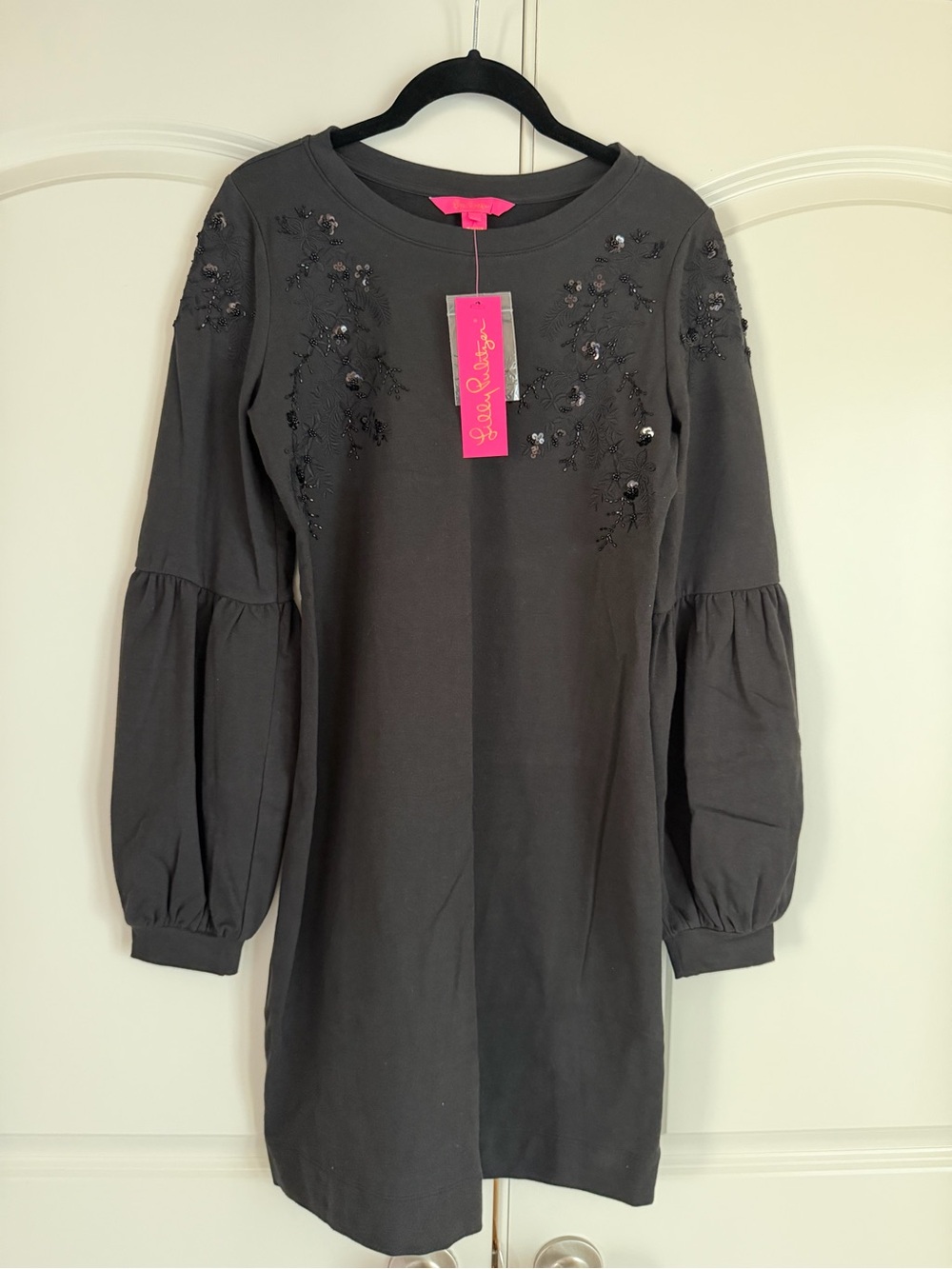 Lilly Pulitzer Embellished Black Sweatshirt Dress with Balloon Sleeves